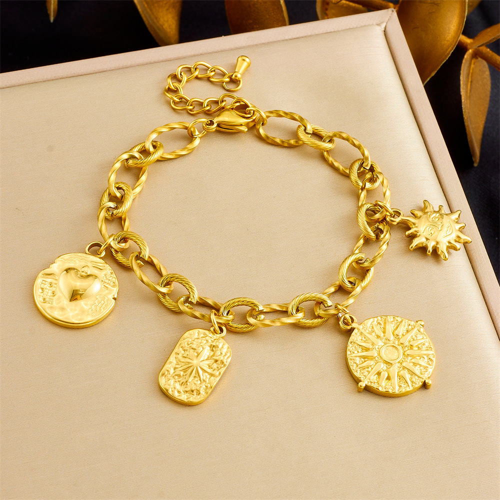 Cross-border fashion retro gold-plated round irregular sun heart pendant chain stainless steel bracelet