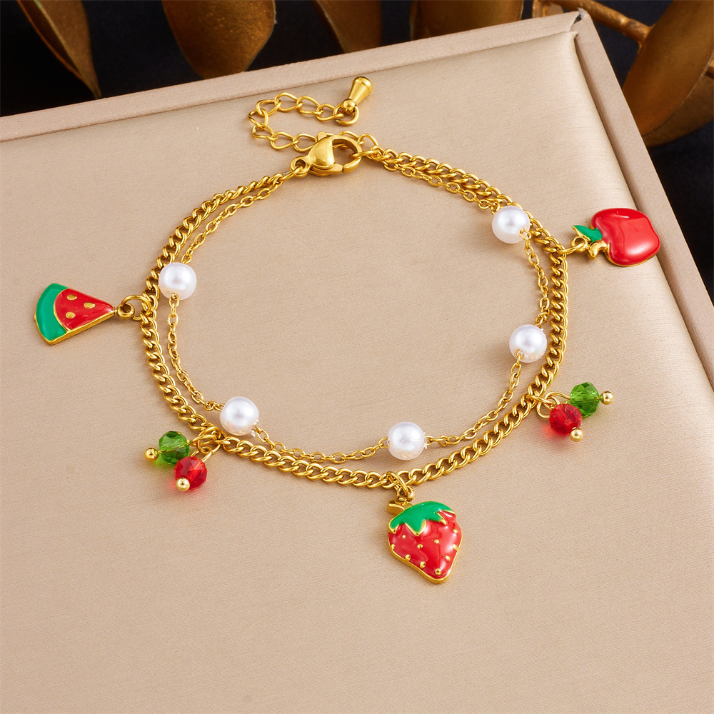 Fashionable Summer Fresh and Sweet Red Oil-Drip Fruit Series Strawberry Cherry Watermelon Three-in-One Stainless Steel Bracelet