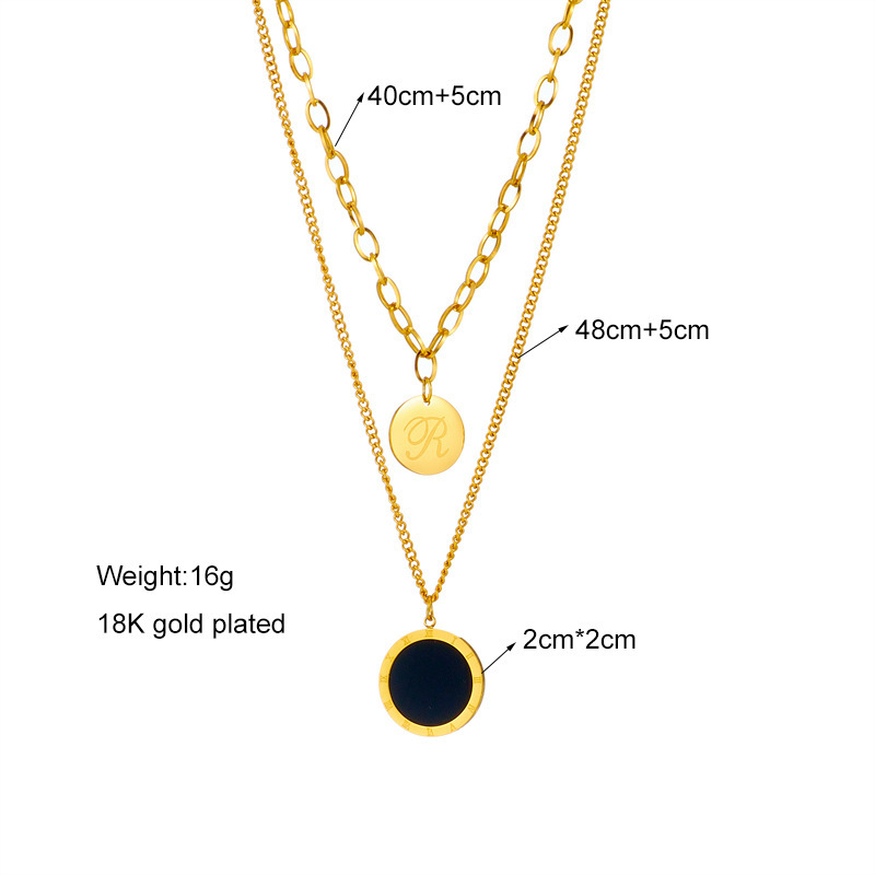 European and American cross-border fashion retro minimalist commuter double-layer stainless steel Roman round pendant accessory necklace
