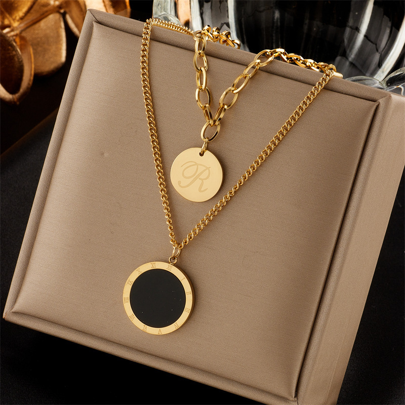 European and American cross-border fashion retro minimalist commuter double-layer stainless steel Roman round pendant accessory necklace