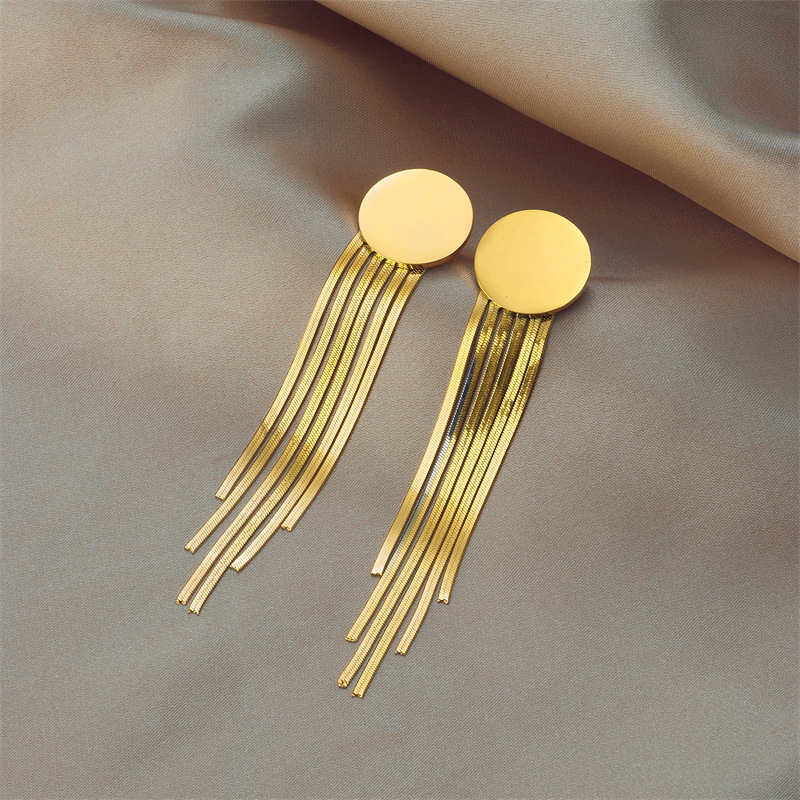 European and American style minimalist titanium steel metal round tassel earrings with irregular shape, high-end and fashionable design.