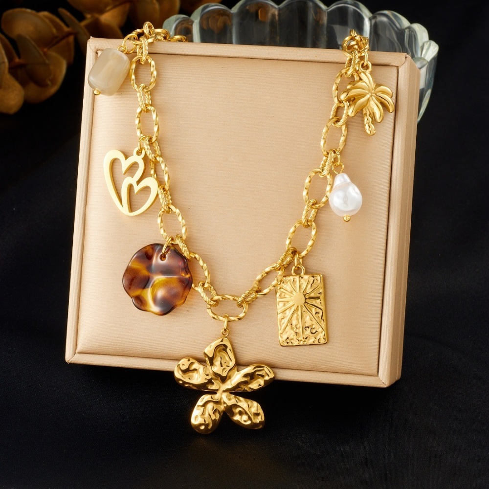 Cross-border Fashion Pastoral Retro Multi-element DIY Gold-plated Stainless Steel Pendant Hollow Heart Flower Leopard Print Necklace