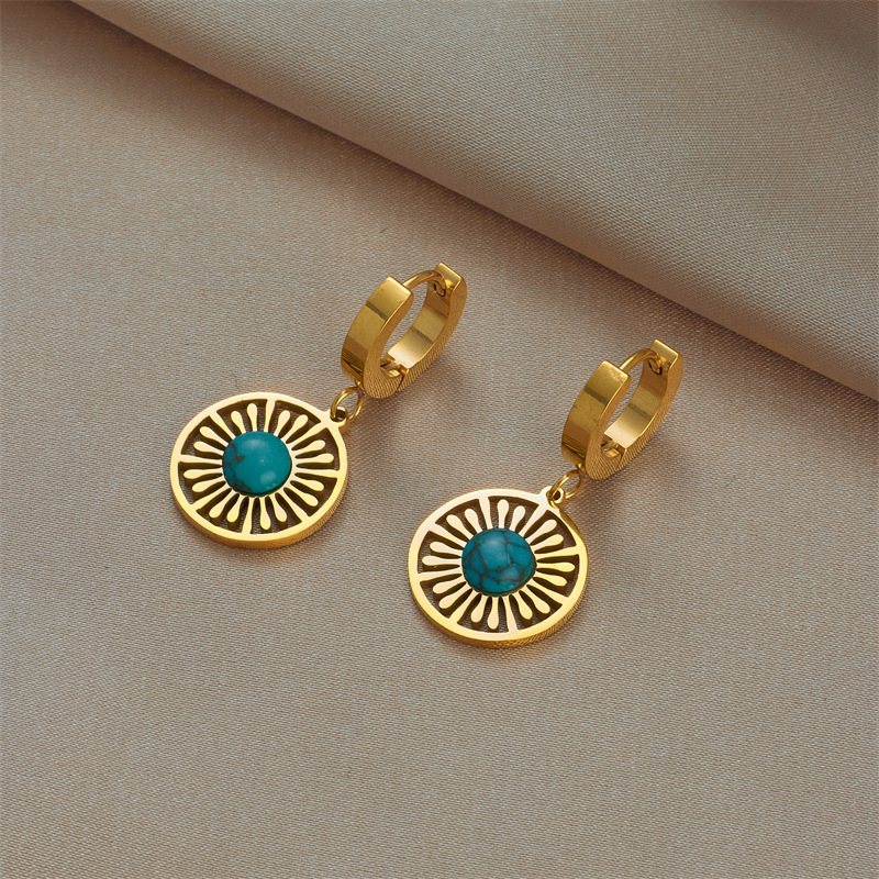 European and American retro fashion high-end niche minimalist titanium steel hollow turquoise circle pendant jewelry versatile earrings