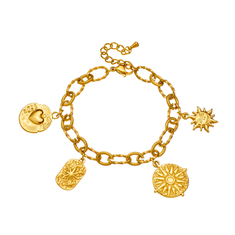 Cross-border fashion retro gold-plated round irregular sun heart pendant chain stainless steel bracelet