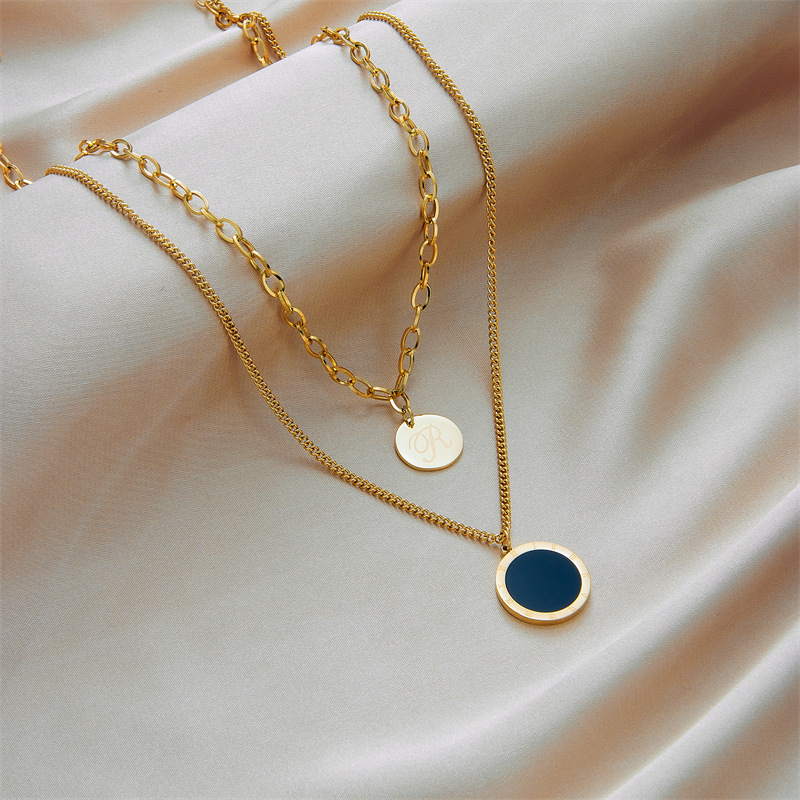 European and American cross-border fashion retro minimalist commuter double-layer stainless steel Roman round pendant accessory necklace