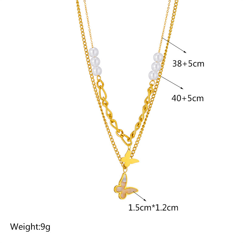 European and American style retro niche design double-layer irregular chain beaded butterfly pendant titanium steel necklace with bow