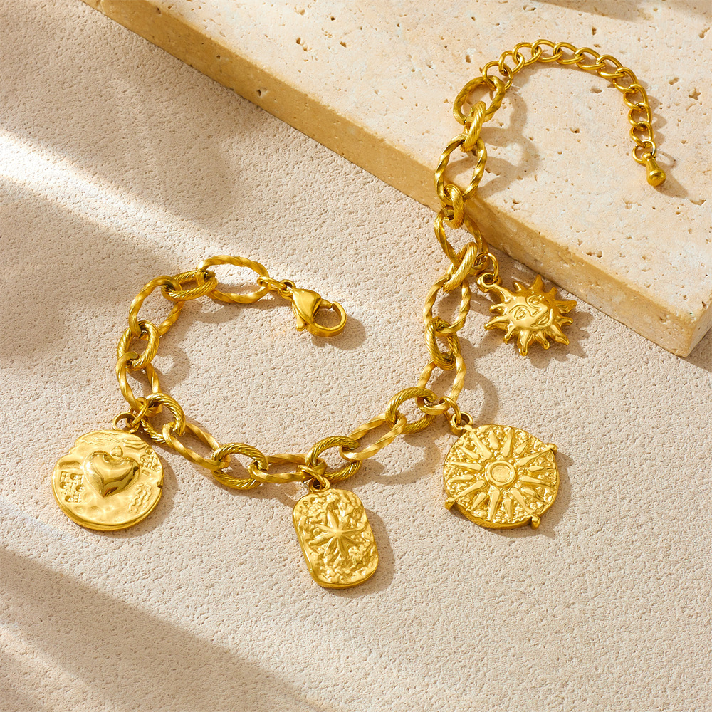 Cross-border fashion retro gold-plated round irregular sun heart pendant chain stainless steel bracelet