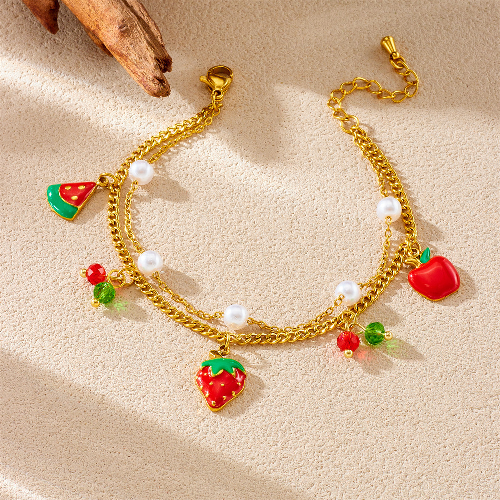 Fashionable Summer Fresh and Sweet Red Oil-Drip Fruit Series Strawberry Cherry Watermelon Three-in-One Stainless Steel Bracelet