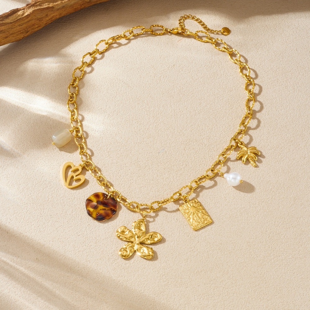 Cross-border Fashion Pastoral Retro Multi-element DIY Gold-plated Stainless Steel Pendant Hollow Heart Flower Leopard Print Necklace