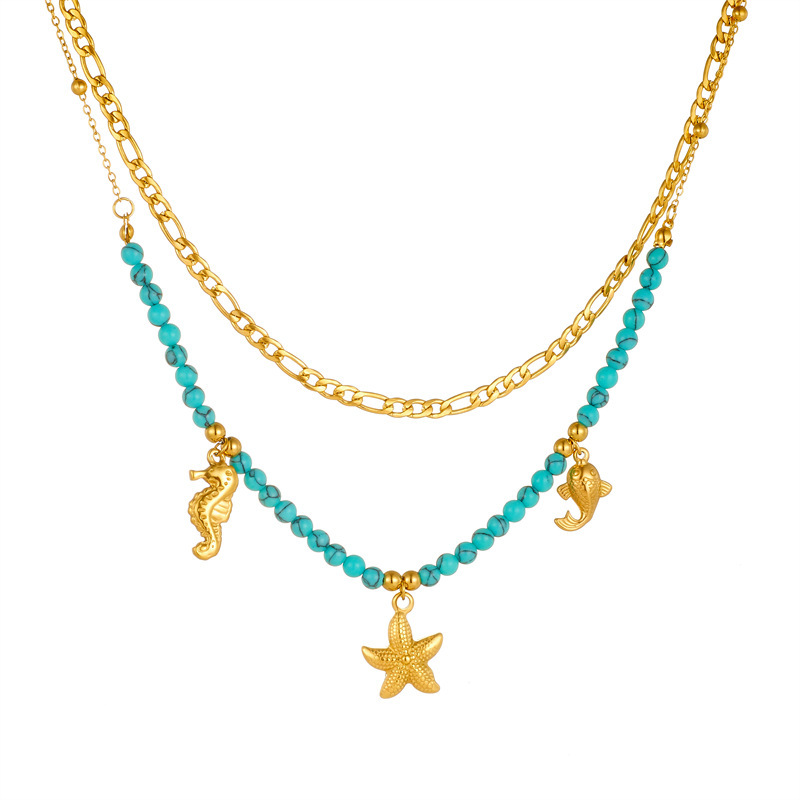 European and American cross-border retro ocean style gold-plated seahorse, carp, starfish stainless steel pendant turquoise beaded chain necklace