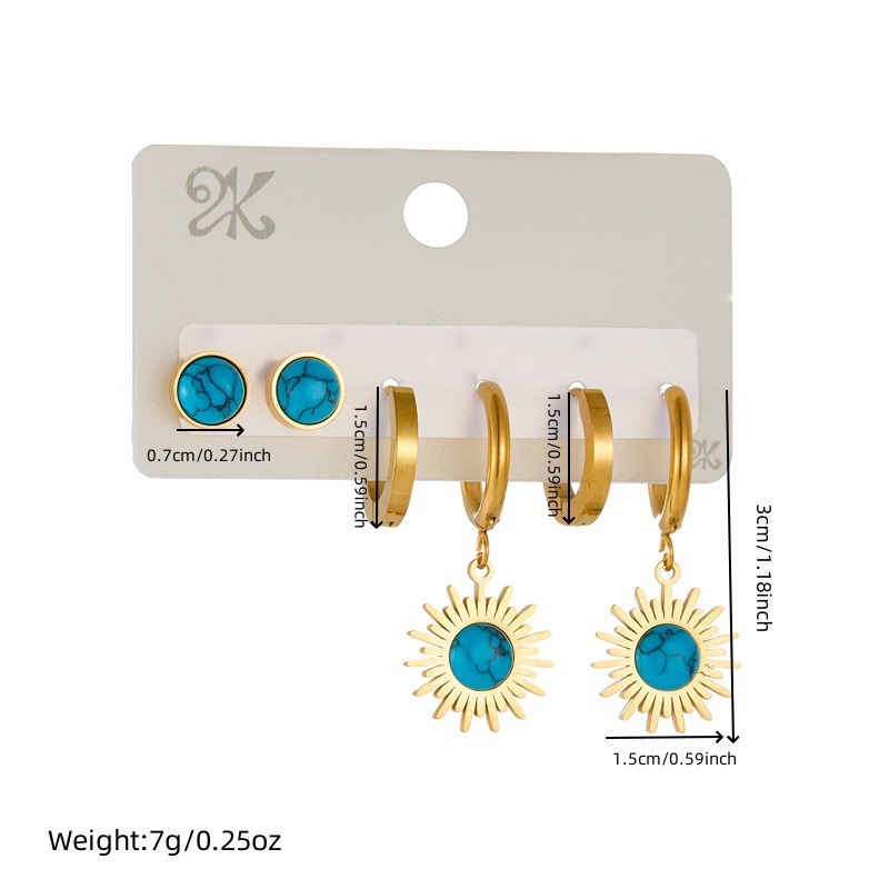 European and American style retro versatile round blue turquoise pendant stainless steel three-piece earring set