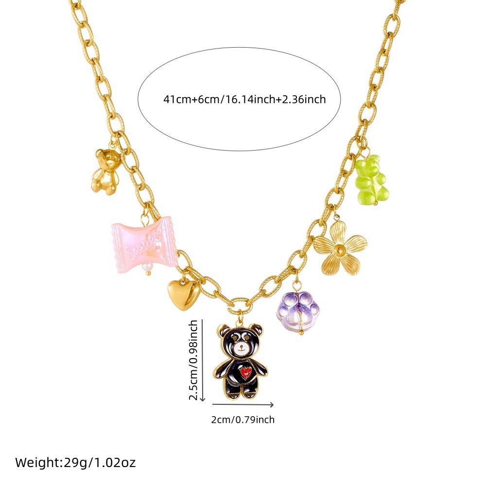 New cross-border creative cartoon multi-element gold-plated flower heart dripping oil bear pendant metal chain necklace