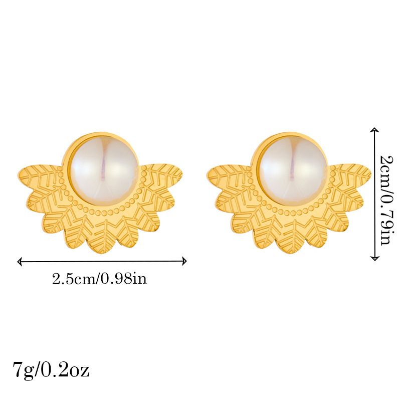 European and American style, retro and high-end, gold-plated fan-shaped feather pearl accessories, stainless steel earrings