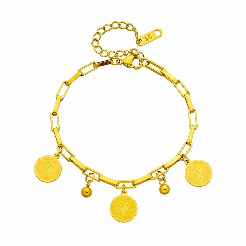 New European and American cross-border titanium steel retro metal queen head round pendant chain jewelry bracelet