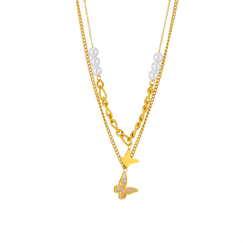 European and American style retro niche design double-layer irregular chain beaded butterfly pendant titanium steel necklace with bow