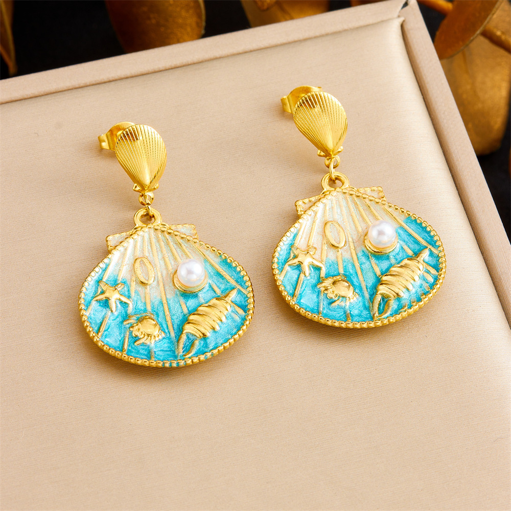 Fashionable cartoon cute ocean-themed gradient oil drop scallop and starfish shell pendant stainless steel short earrings for women