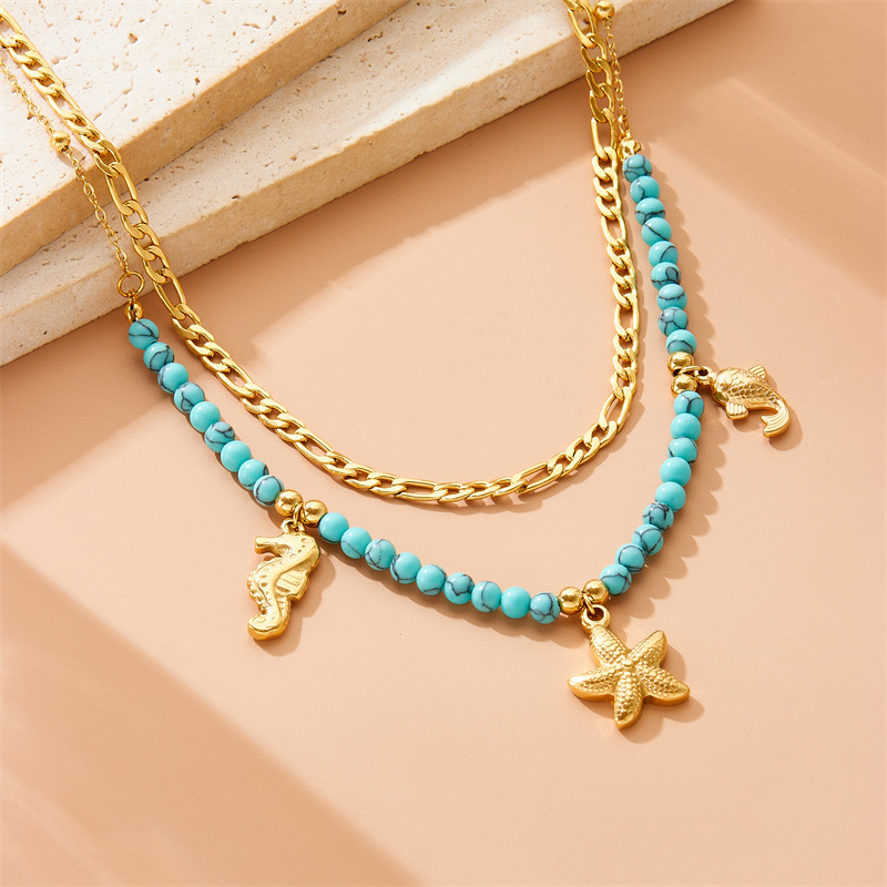 European and American cross-border retro ocean style gold-plated seahorse, carp, starfish stainless steel pendant turquoise beaded chain necklace