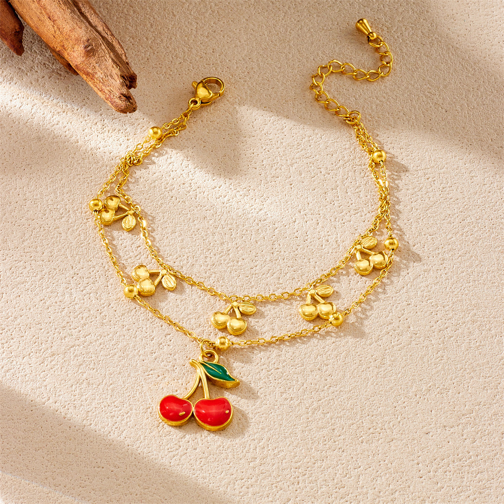 Fashionable Summer Fresh and Sweet Red Oil-Drip Fruit Series Strawberry Cherry Watermelon Three-in-One Stainless Steel Bracelet