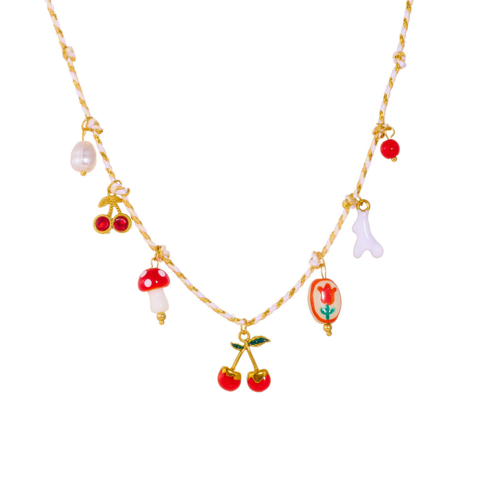 Cross-border fashion, fresh and sweet, multi-element gold-plated, oil-sprinkled, cherry blossom painted ceramic flower pendant, pastoral style necklace