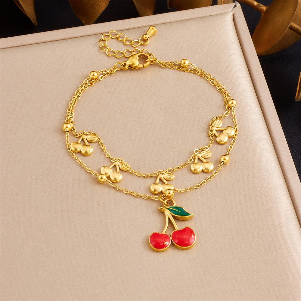 Fashionable Summer Fresh and Sweet Red Oil-Drip Fruit Series Strawberry Cherry Watermelon Three-in-One Stainless Steel Bracelet