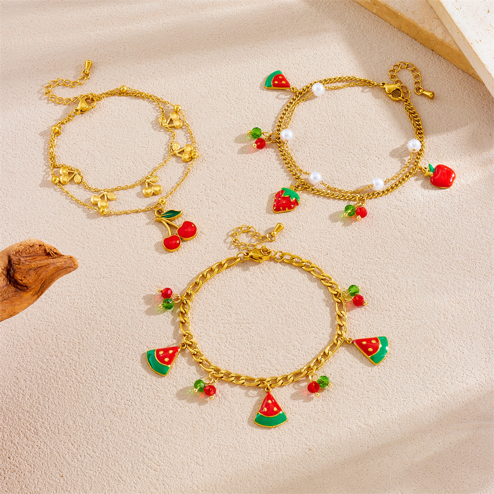 Fashionable Summer Fresh and Sweet Red Oil-Drip Fruit Series Strawberry Cherry Watermelon Three-in-One Stainless Steel Bracelet
