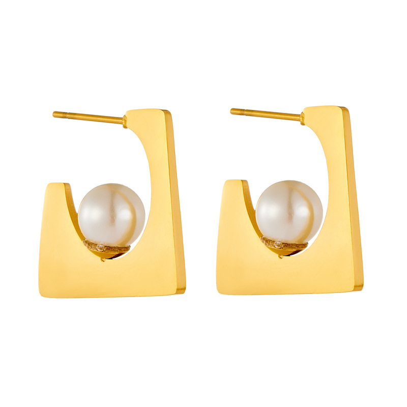 European and American cross-border fashion retro irregular geometric pearl square gold-plated stainless steel jewelry earrings
