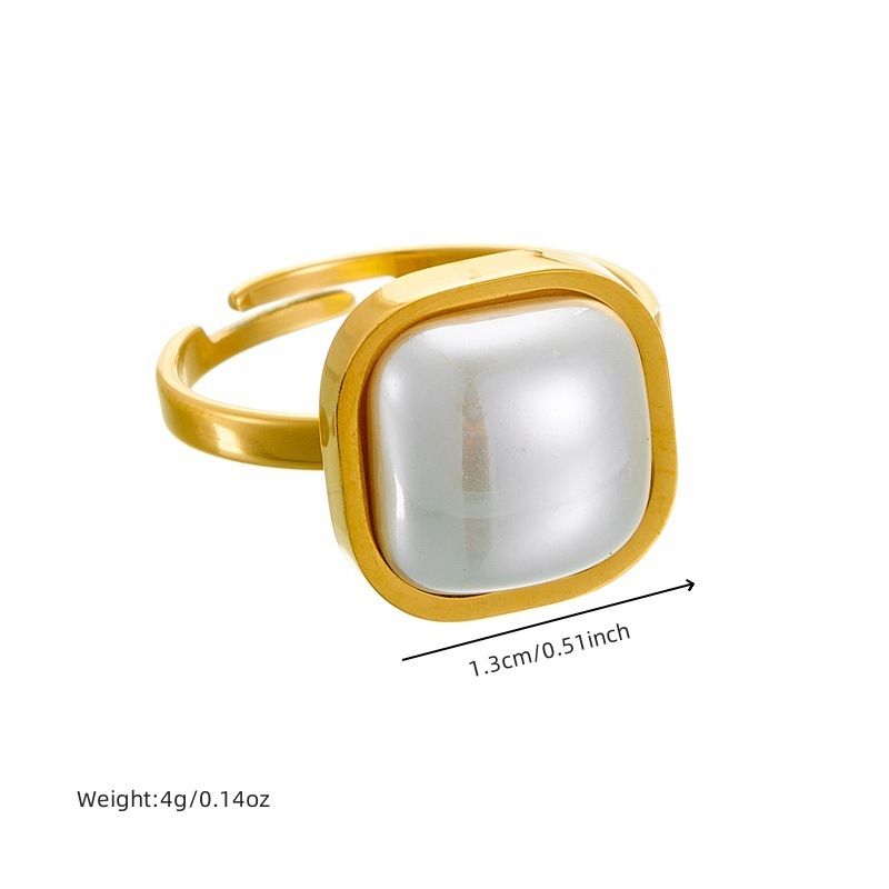 Fashionable retro minimalist design pearl square quadrilateral accessory open stainless steel ring