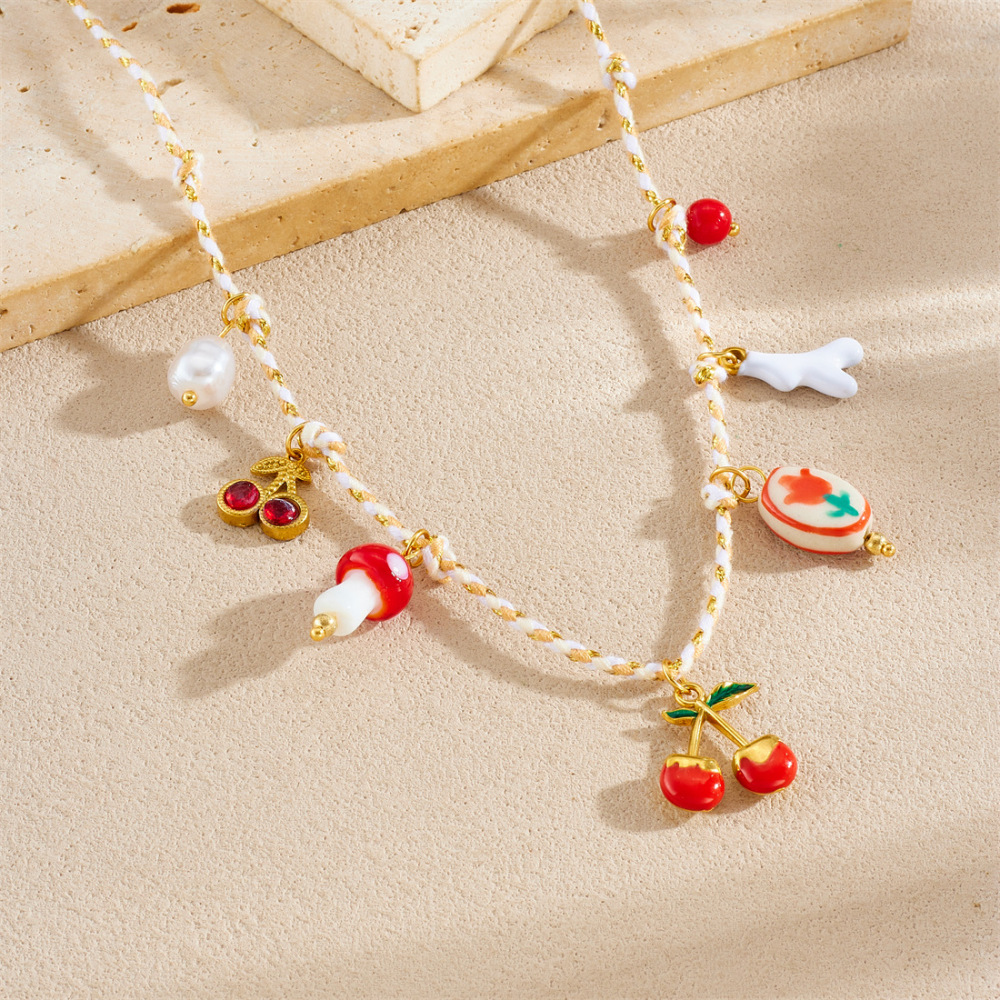 Cross-border fashion, fresh and sweet, multi-element gold-plated, oil-sprinkled, cherry blossom painted ceramic flower pendant, pastoral style necklace