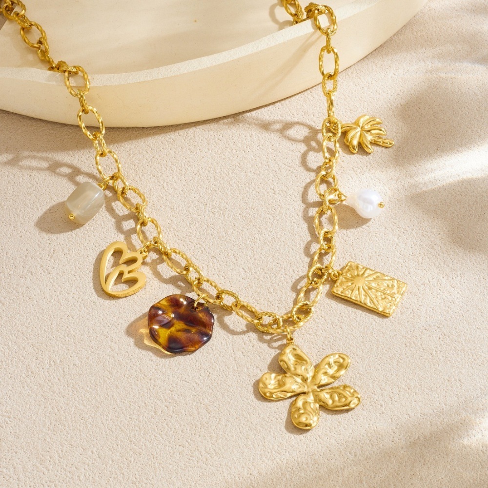 Cross-border Fashion Pastoral Retro Multi-element DIY Gold-plated Stainless Steel Pendant Hollow Heart Flower Leopard Print Necklace