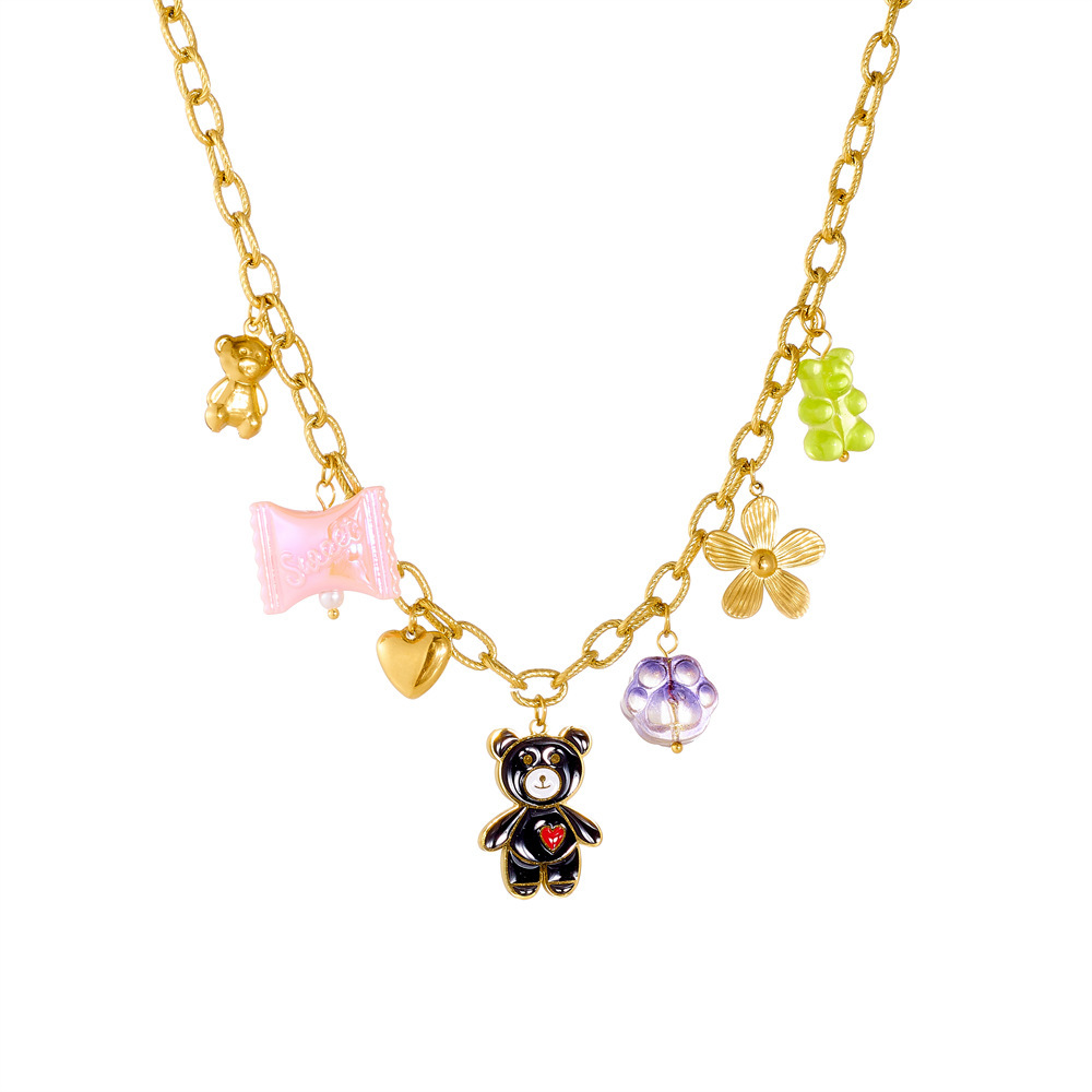 New cross-border creative cartoon multi-element gold-plated flower heart dripping oil bear pendant metal chain necklace