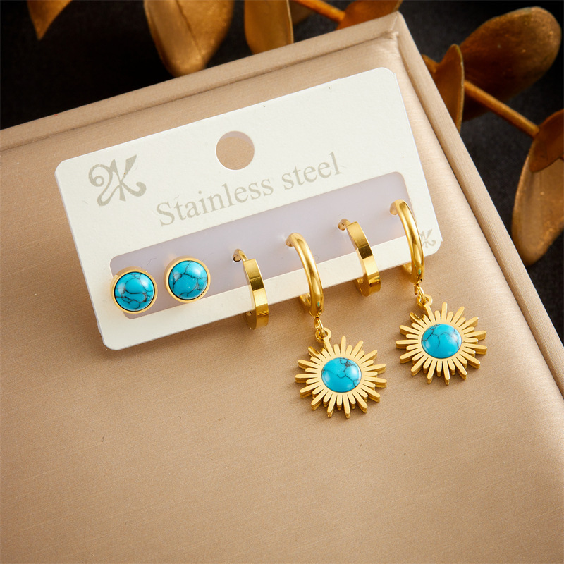 European and American style retro versatile round blue turquoise pendant stainless steel three-piece earring set