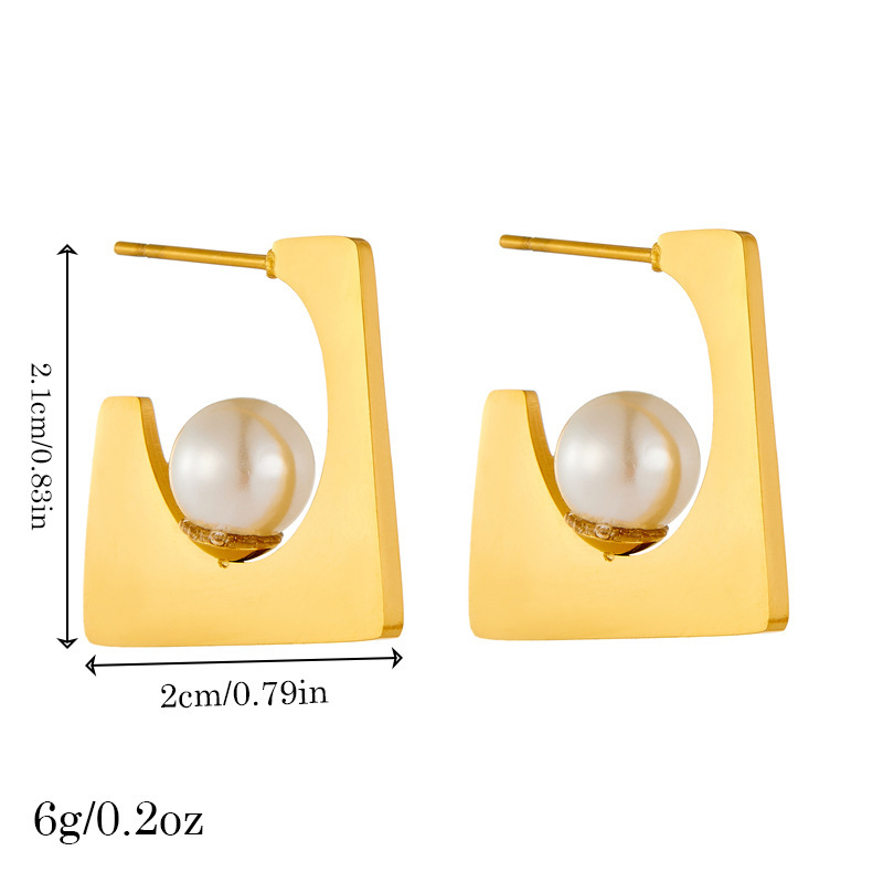 European and American cross-border fashion retro irregular geometric pearl square gold-plated stainless steel jewelry earrings