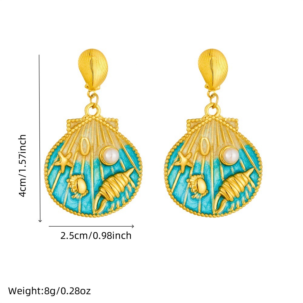 Fashionable cartoon cute ocean-themed gradient oil drop scallop and starfish shell pendant stainless steel short earrings for women