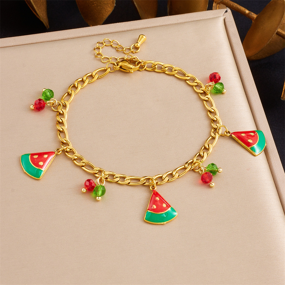 Fashionable Summer Fresh and Sweet Red Oil-Drip Fruit Series Strawberry Cherry Watermelon Three-in-One Stainless Steel Bracelet