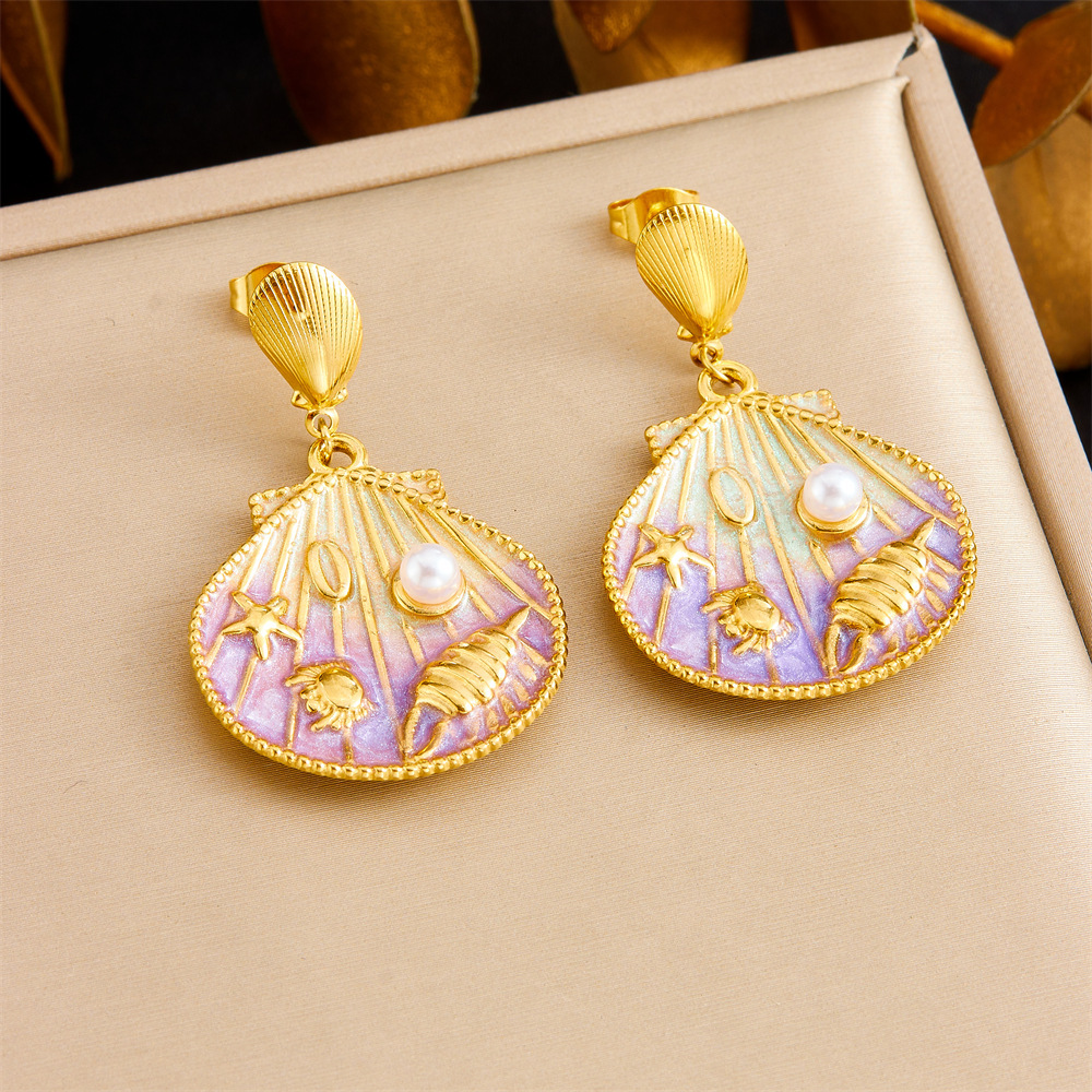 Fashionable cartoon cute ocean-themed gradient oil drop scallop and starfish shell pendant stainless steel short earrings for women