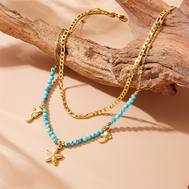 European and American cross-border retro ocean style gold-plated seahorse, carp, starfish stainless steel pendant turquoise beaded chain necklace