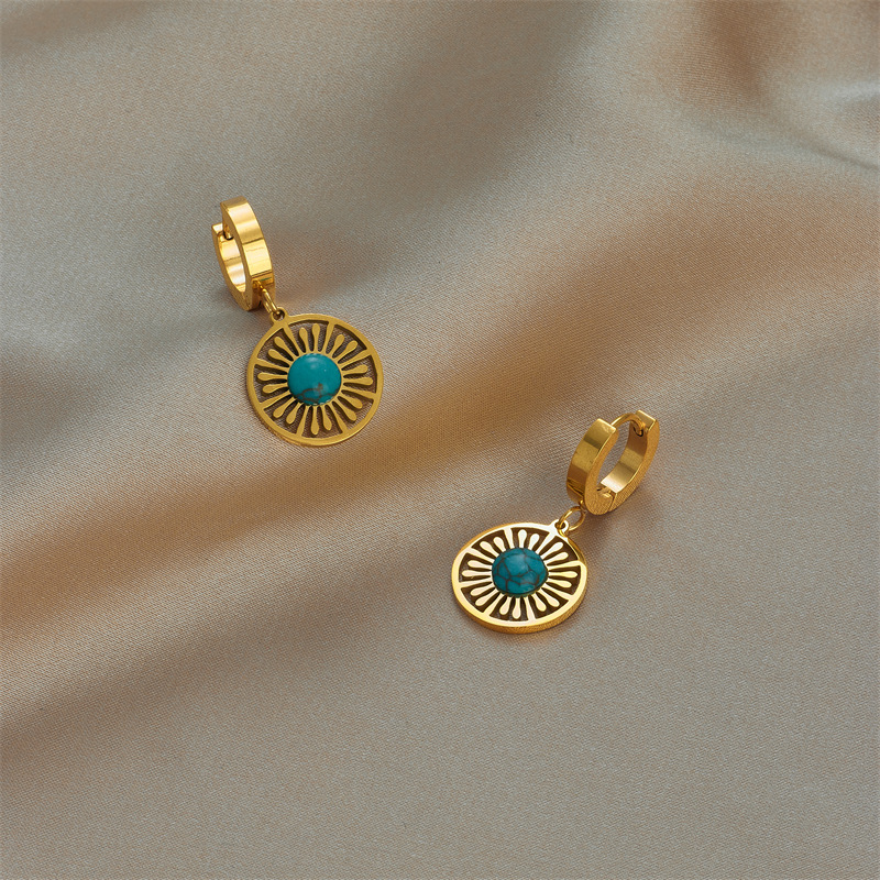 European and American retro fashion high-end niche minimalist titanium steel hollow turquoise circle pendant jewelry versatile earrings