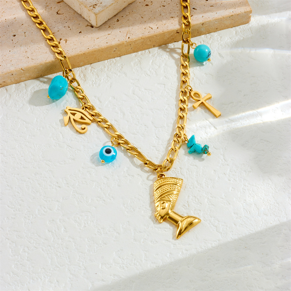 European and American cross-border creative personalized blue eyes cross cross portrait head gold-plated pendant stainless steel chain necklace