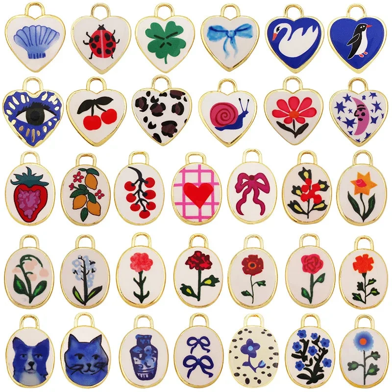 Hand Painted Ceramic Heart Oval Pet Leopard Strawberry Cherry Snail Charm Pendant,DIY Jewelry Necklace Bracelet Supplies R44
