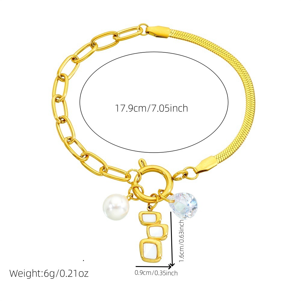 Cross-border fashion, elegant and versatile gold-plated heart-shaped square white shell pearl teardrop pendant irregular stainless steel bracelet