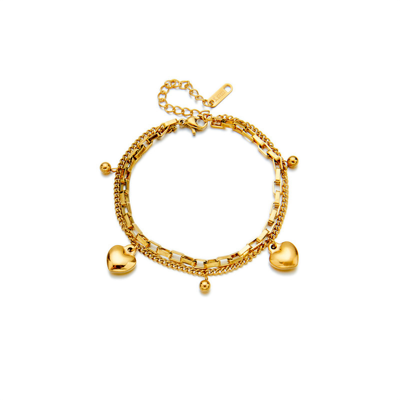 Korean style trendy minimalist punk hip-hop retro double-layer heart bead titanium steel pendant chain bracelet