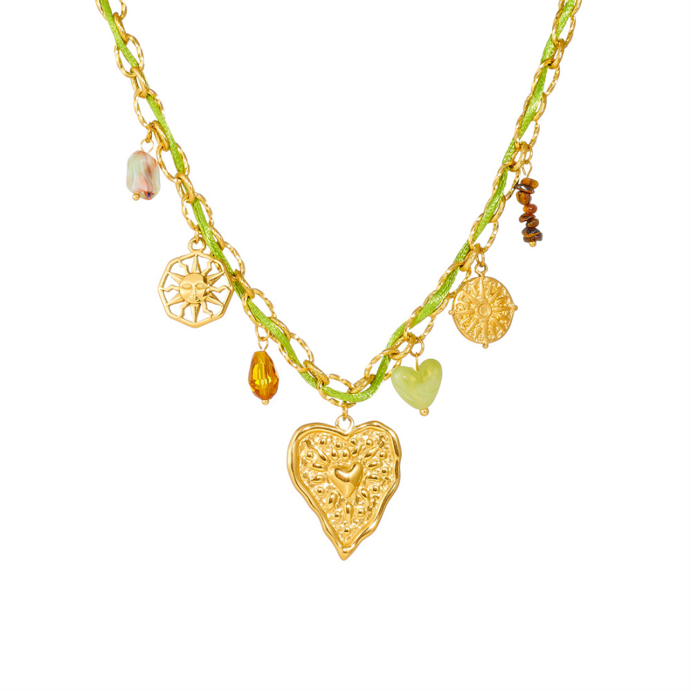 Cross-border popular colorful pendant braided rope metal chain gold-plated irregular heart accessory pastoral style necklace