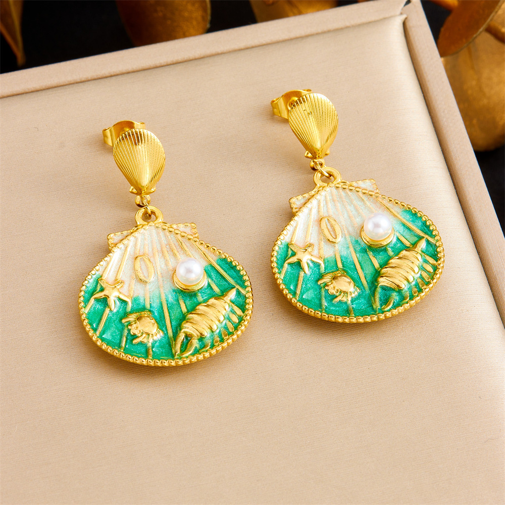Fashionable cartoon cute ocean-themed gradient oil drop scallop and starfish shell pendant stainless steel short earrings for women