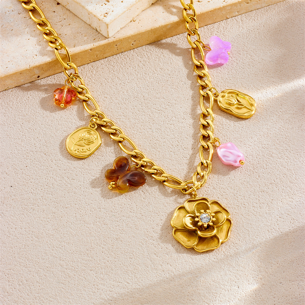 Fashionable new cross-border multi-element butterfly and camellia accessory pendant chain gold-plated stainless steel jewelry necklace