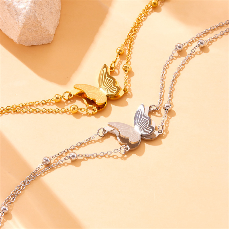 European and American cross-border double-layer stainless steel minimalist women's engraved butterfly small round ball chain bracelet