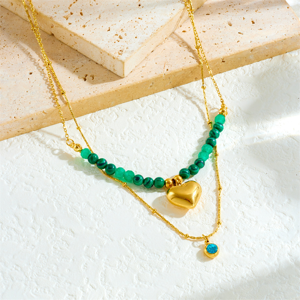 French-style niche, artistic, retro malachite beaded emerald geometric square pendant, double-layered heart necklace