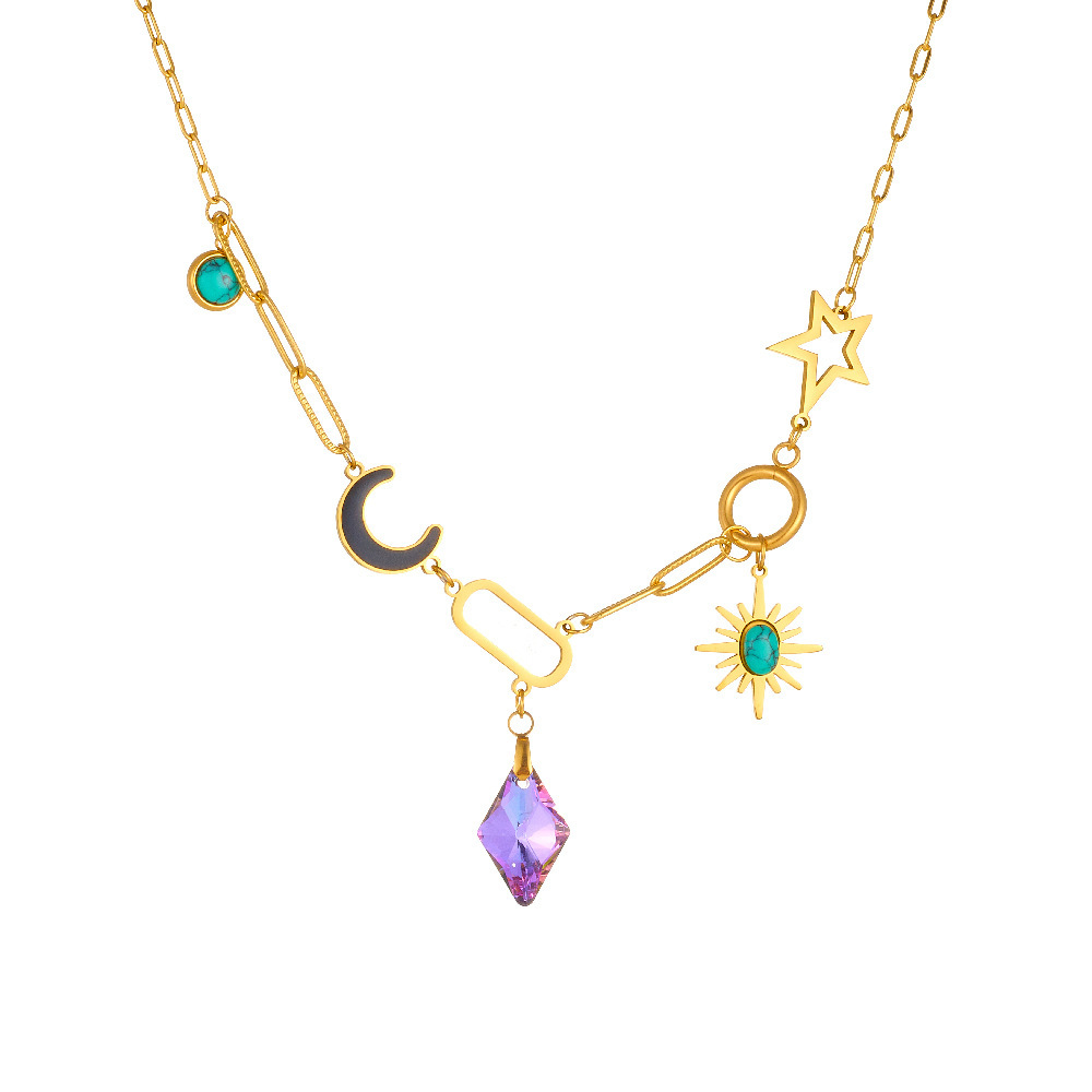 Fashionable and luxurious purple rhombus-cut diamond pendant, eight-pointed star, turquoise moon, stainless steel clavicle chain necklace.