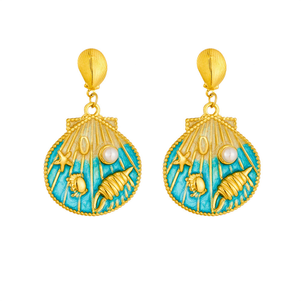 Fashionable cartoon cute ocean-themed gradient oil drop scallop and starfish shell pendant stainless steel short earrings for women