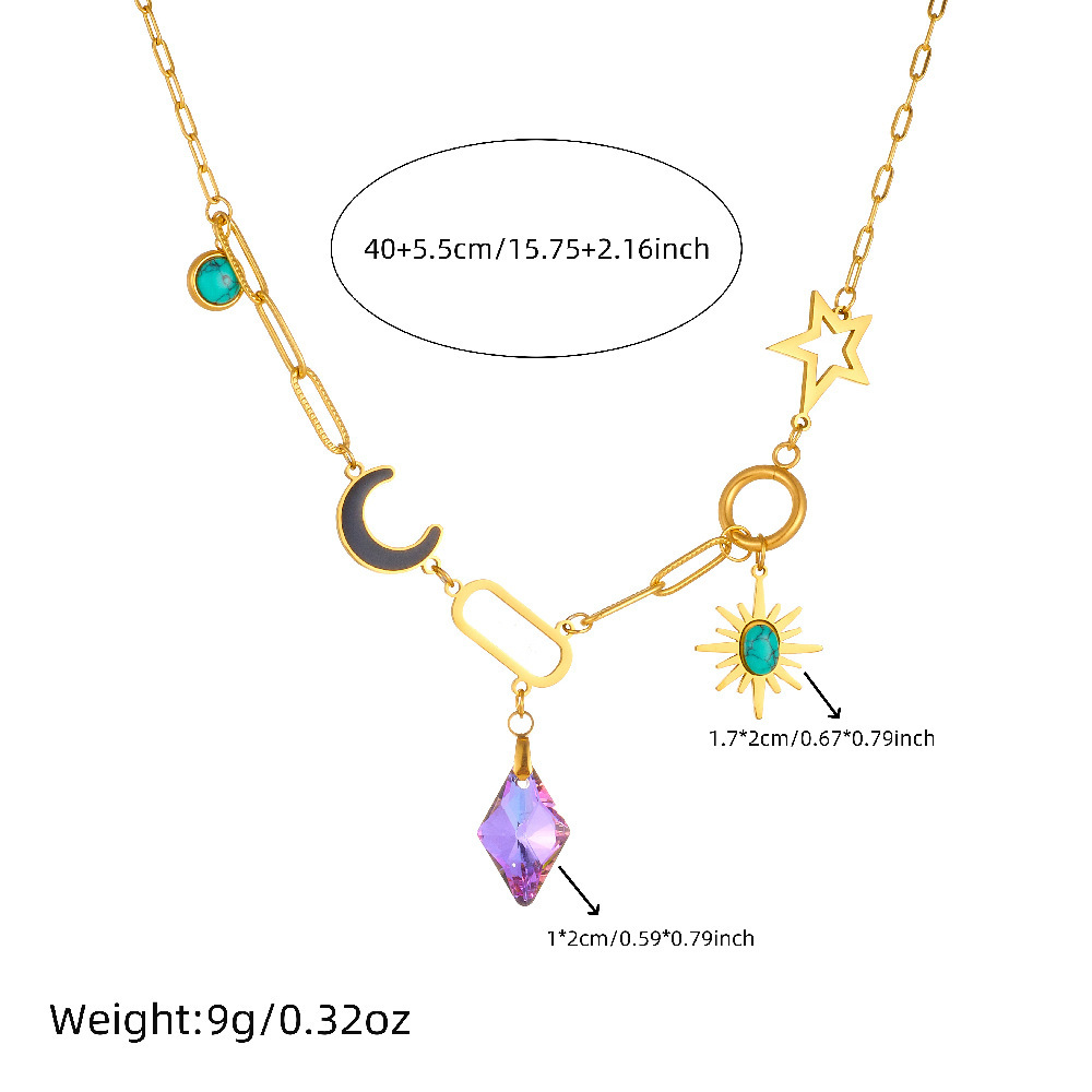 Fashionable and luxurious purple rhombus-cut diamond pendant, eight-pointed star, turquoise moon, stainless steel clavicle chain necklace.