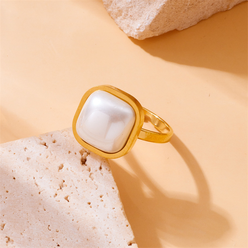 Fashionable retro minimalist design pearl square quadrilateral accessory open stainless steel ring